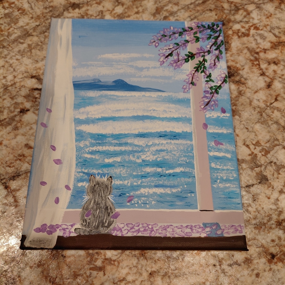 Cat and Ocean Canvas Art 8x10